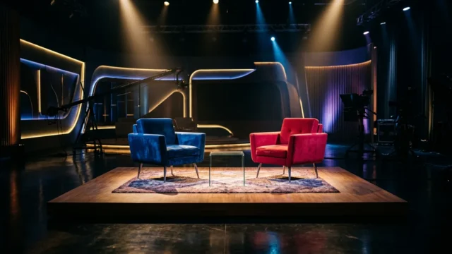Estúdio de TV moderno e vazio sob holofotes dramáticos, com duas cadeiras coloridas de talk-show vazias e frente a frente, transmitindo a tensão de uma gravação cancelada.