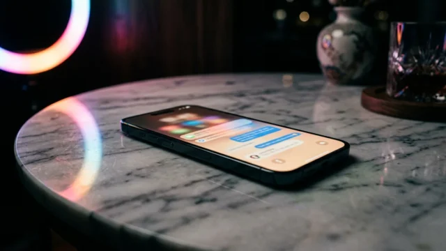 Smartphone elegante sobre mesa de mármore polido na penumbra, com a tela iluminada por notificações sob o brilho colorido de um ring light.