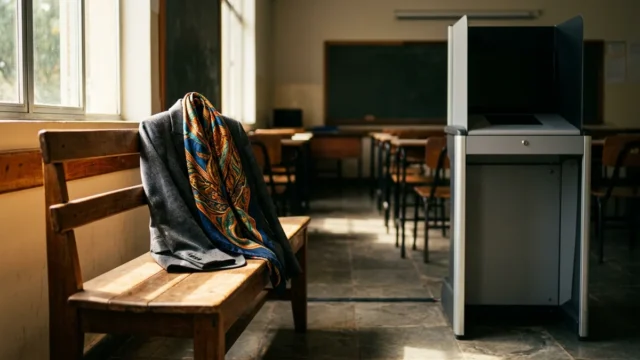 Um blazer de tom neutro e um cachecol colorido sobre um banco de madeira, ao lado de uma cabine de votação eletrônica em uma sala de aula ensolarada.