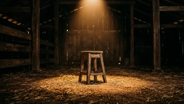 Banco de madeira rústico e vazio sob um feixe de luz dramático em um celeiro escuro à noite, com palha espalhada pelo chão.