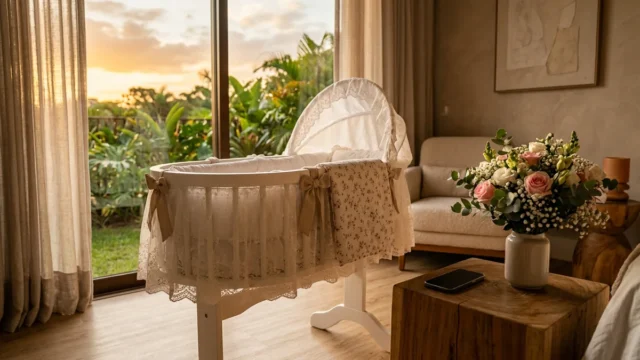 Moisés branco decorado e vazio em uma suíte de maternidade iluminada pelo pôr do sol, ao lado de um celular e flores sobre uma mesa de madeira.