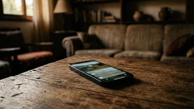 Smartphone sobre mesa de madeira rústica em quarto silencioso e com luz suave, com a tela brilhante exibindo um vídeo pausado e notificações que conectam esse refúgio ao mundo exterior.
