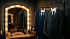 Dois ternos masculinos elegantes em um cabideiro, refletidos no espelho iluminado de um camarim à meia-luz.