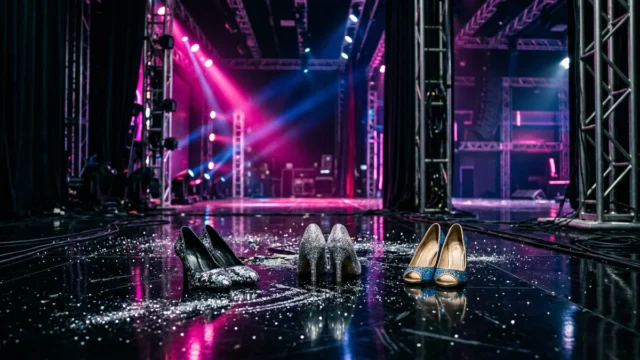 Palco de TV vazio iluminado por neon rosa e azul, com três pares de sapatos de dança brilhantes sobre o chão preto com glitter prateado.