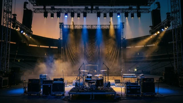 Palco vazio de um grande estádio ao anoitecer, iluminado por holofotes azuis e dourados que cortam uma leve névoa antes de um show de rock histórico.